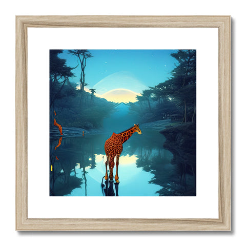a giraffe near a river next to some tall trees