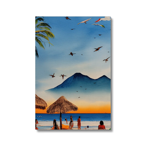 A colorful print of birds on a blanket with a beach and a beach.