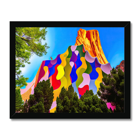 An art print on a wall with colorful mountain foliage on top of it.