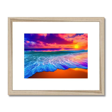 A framed picture of a sunny spot with colorful colors and large waves on a beach next