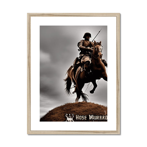 There is a framed image of a man riding a horse that is sitting on a horse