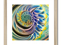 A sunflower printed artwork with a rainbow that has different colored swirled spirals within