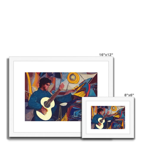 An artwork print with a photo of a musician sitting on his guitar on a desk.