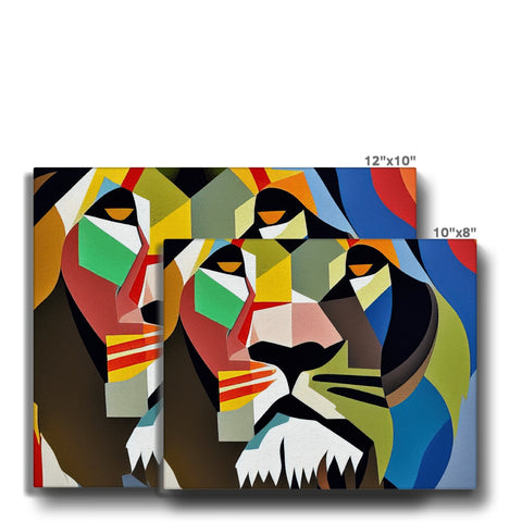 A colorful picture of a lion on a print art print with a book cover on top
