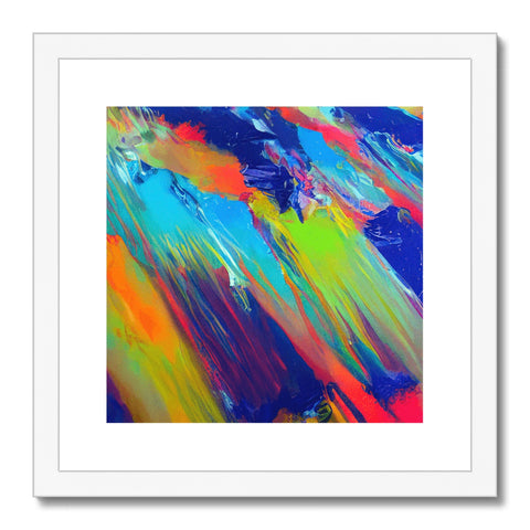 A painting of an abstract design on a white frame with many colorful colors