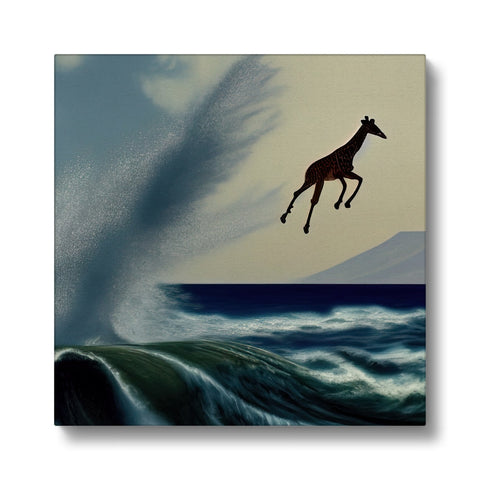 A horse hanging over the top of a cliff on a surfboard.