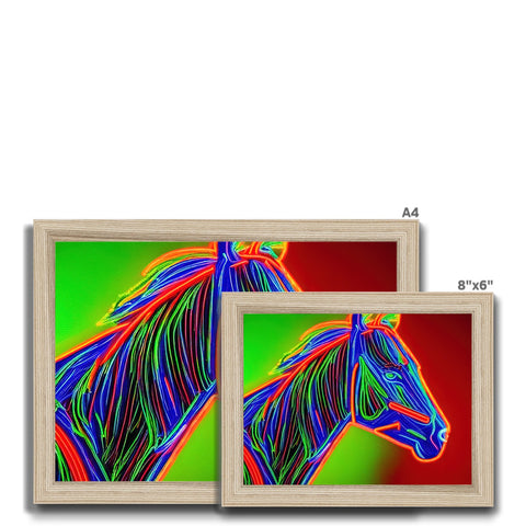 A picture frame with two colorful horses galloping across a room.