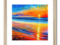 a colorful painting of a sunset in the ocean on a wooden frame