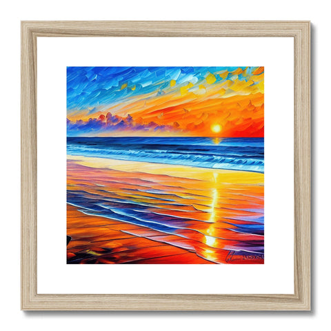 a colorful painting of a sunset in the ocean on a wooden frame
