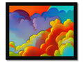 A colorful art print with a sky and some clouds on top of it.