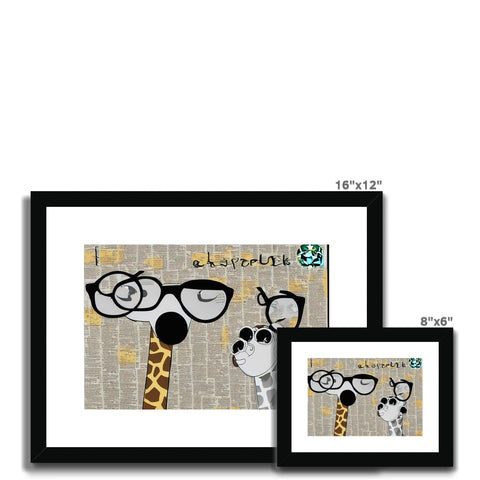 A giraffe holding a photo frame of two giraffes and a black cat.