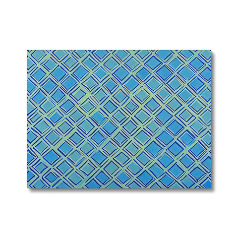Blue tile with several colors printed across it in various varieties of patterns.