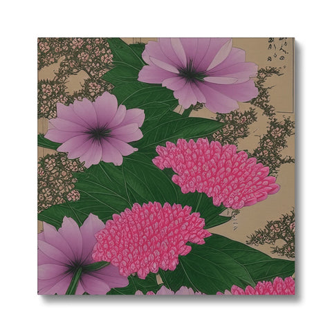 An art print with pink flower petals on green mosaic tile.