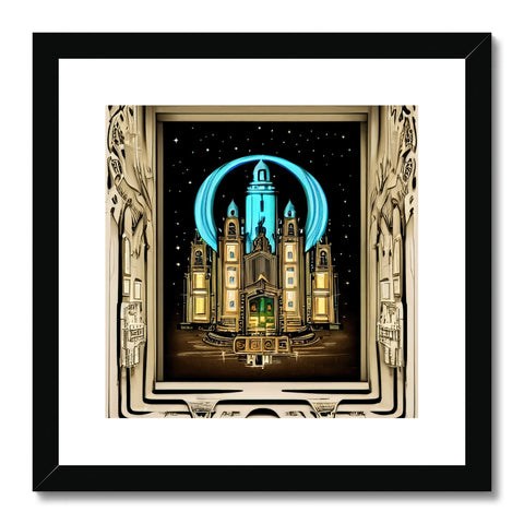 An art print painting of a building in front of a clock, illuminated with colored lights