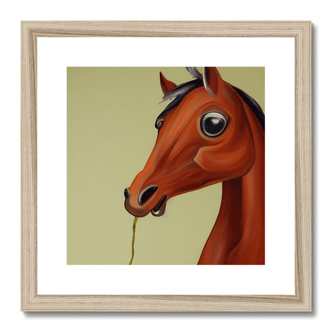A brown horse with its head pointing forward looking at the camera on that white background.