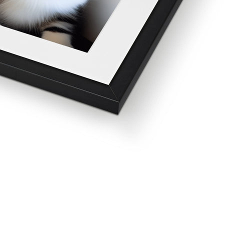 A black and white cat is peeking in a picture frame.