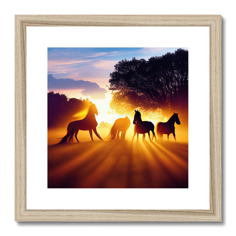 A gold framed photo of golden horses outside riding around a small pasture.