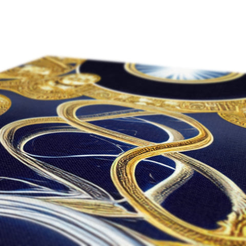 a tablecloth in ornate blue setting with gold foil.