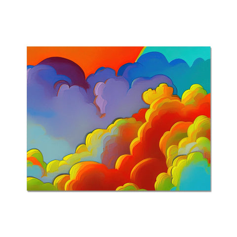 a light blue sky over clouds with some colors on top of a colorful canvas