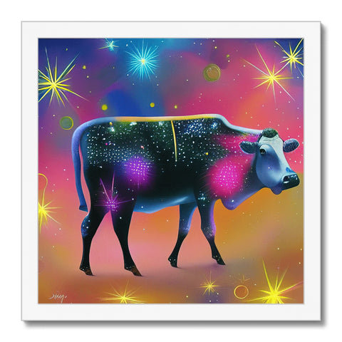 A holstein cow in a pen and her horns a colorful field of colorful flowers.