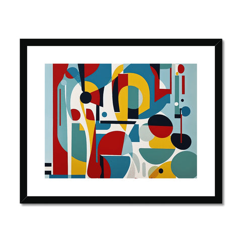A single wooden framed image of an abstract art print laying on a wall.