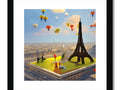 A framed art print that has a view of the top of a tall tower of Paris