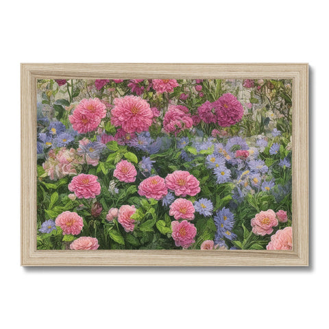 A blooming garden scene with many many white roses and blue and pink peonies.