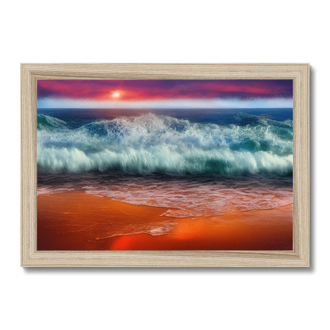 a dark and colorful sunset on ocean with waves sparkling on them on a wooden print
