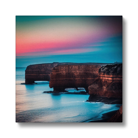 An art print of the ocean with a cliff and a rocky shore.