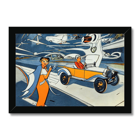 A vintage racer drives down an orange roadway by cars parked along side of a water.