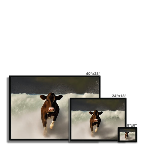 A television screen that has mounted two cows holding a television remote.