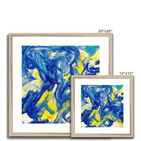 A framed picture of an abstract painting on a wall next to a picture frame with a