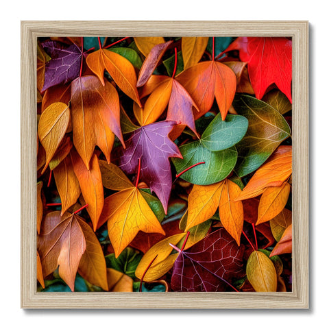A framed print of autumn foliage on a wooden wall.