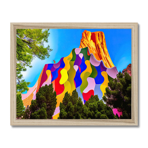 Art print on a tarp covered wall of mountains and a rainbow surrounded by colors.