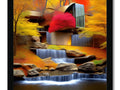 A wooden art print with fall foliage and a waterfall on it.