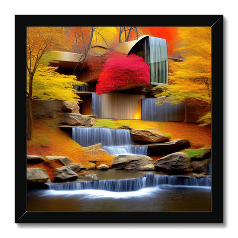 A wooden art print with fall foliage and a waterfall on it.