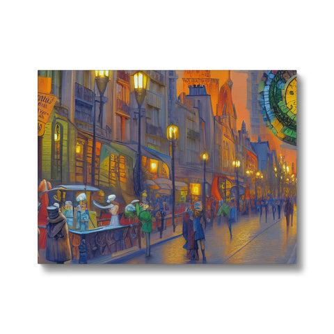 A street light surrounded by people walking around a darkened city with a colorful view of the