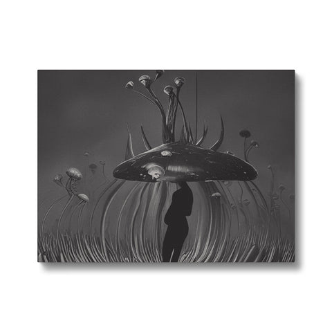 A scene of an alien on top of a mirror showing a mushroom growing on a wall