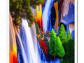 A waterfall under a waterfall and some colorful art print floating in the water.