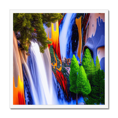 A waterfall under a waterfall and some colorful art print floating in the water.