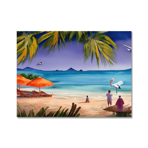 A tropical beach near sunset with ocean air and a large white bird in front of the