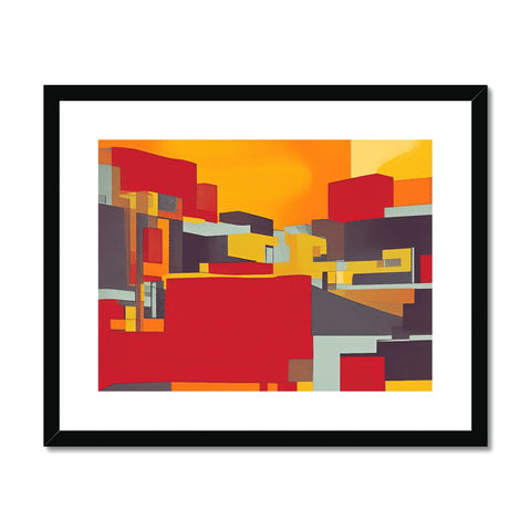 A picture of an abstract art print framed with black and orange squares.