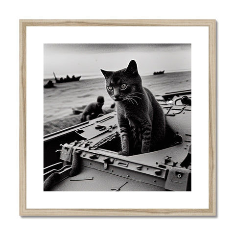A cat stands in front of a black and gray picture frame with a photograph on it