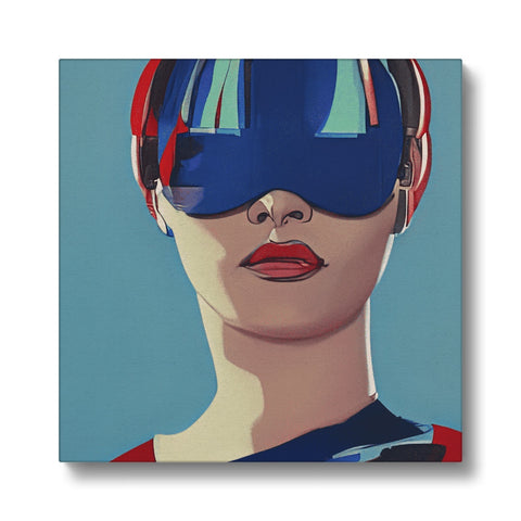 A painting of a woman wearing a visor in sunglasses on a wall.