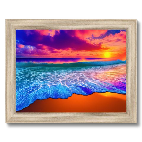 A picture frame with an image of a bright colorful sunset, set above ocean waves and
