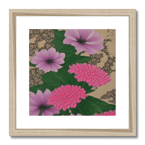 A framed art print and pink flowers on the wood.