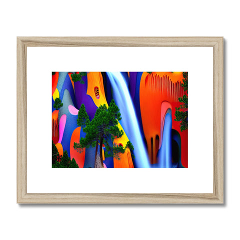 some colorful wood framed artwork in a river of vines and forest