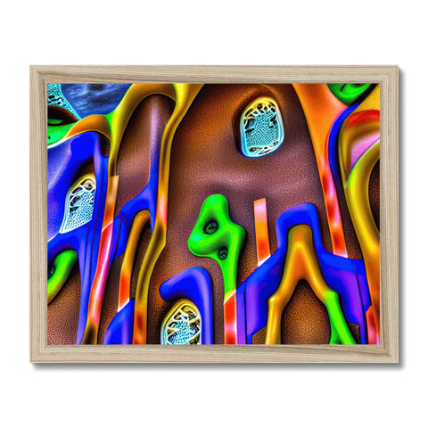 An abstract painting hanging in a wooden frame hanging onto a picture frame.