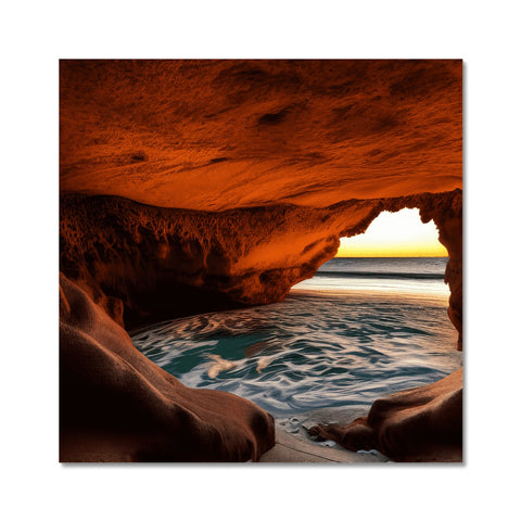 A small cave with a sun setting view of a beach.