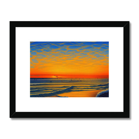 An art print in close view of a beach in broad sunshine with a sunset.